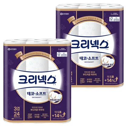 크리넥스 3겹 천연펄프 데코 앤 소프트 화장지, 28m, 24개입, 2개