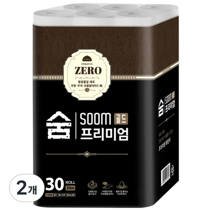 숨 프리미엄 골드제로 도톰한 3겹 무형광 화장지, 2개, 30롤, 30m