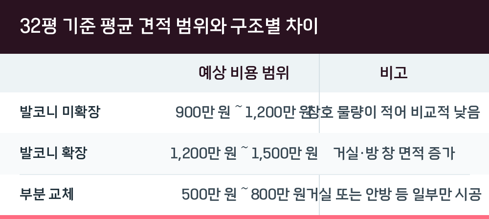 32평 기준 평균 견적 범위와 구조별 차이