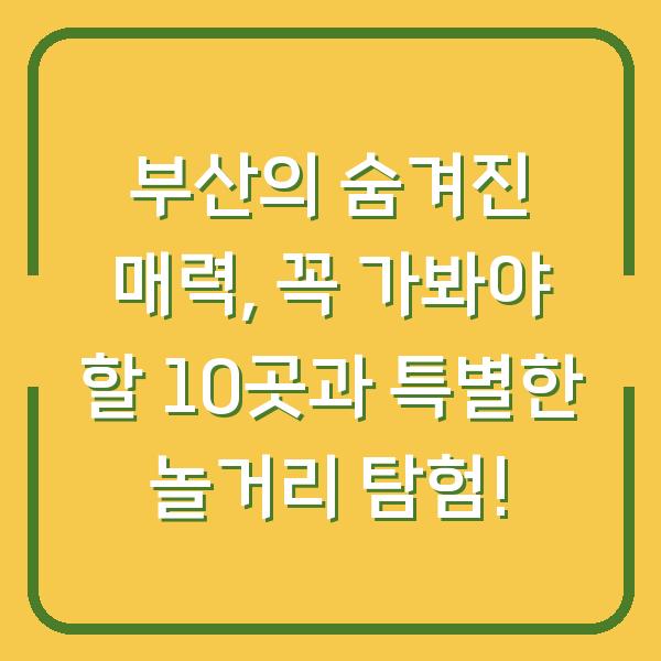 부산의 숨겨진 매력, 꼭 가봐야 할 10곳과 특별한 놀거리 탐험!